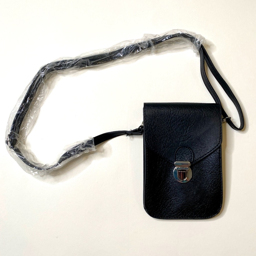 Black Leather Crossbody Bag Phone ID Holder Bag Purse Clear One Side NEW